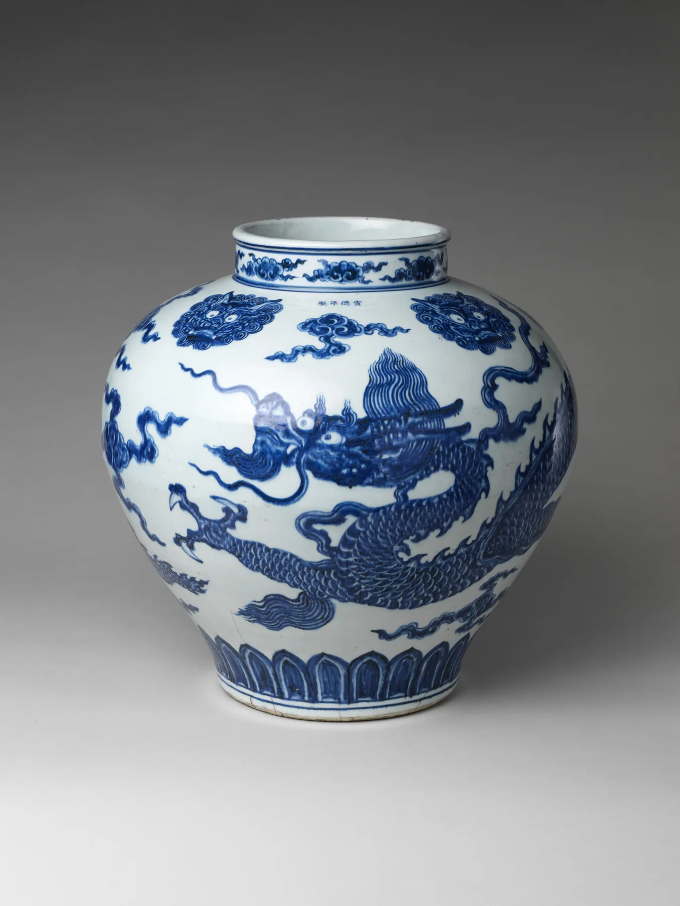 Blue and white porcelain jar with dragon decoration