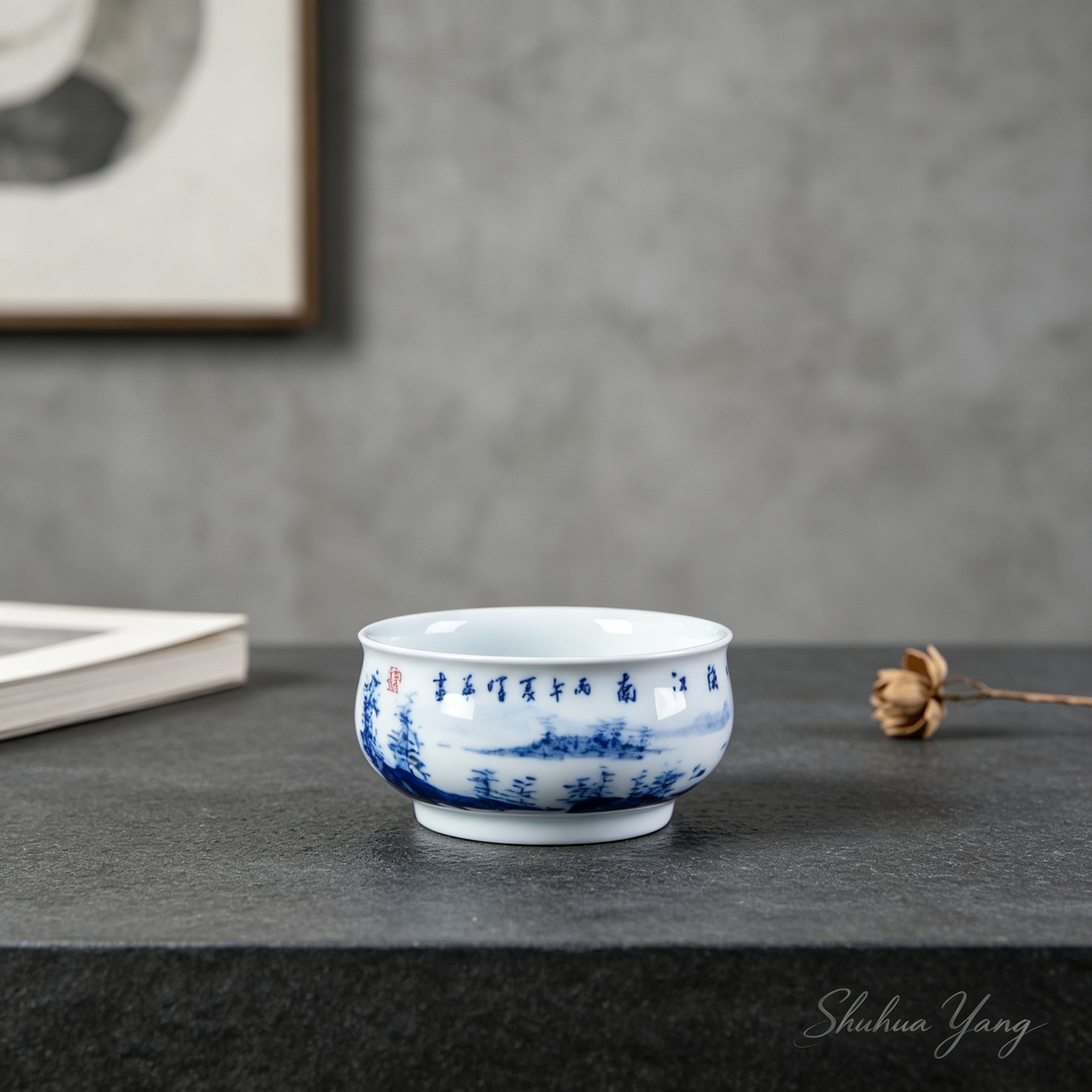 Hand-painted Blue and White Jiangnan Landscape Meditation Master Teacup by