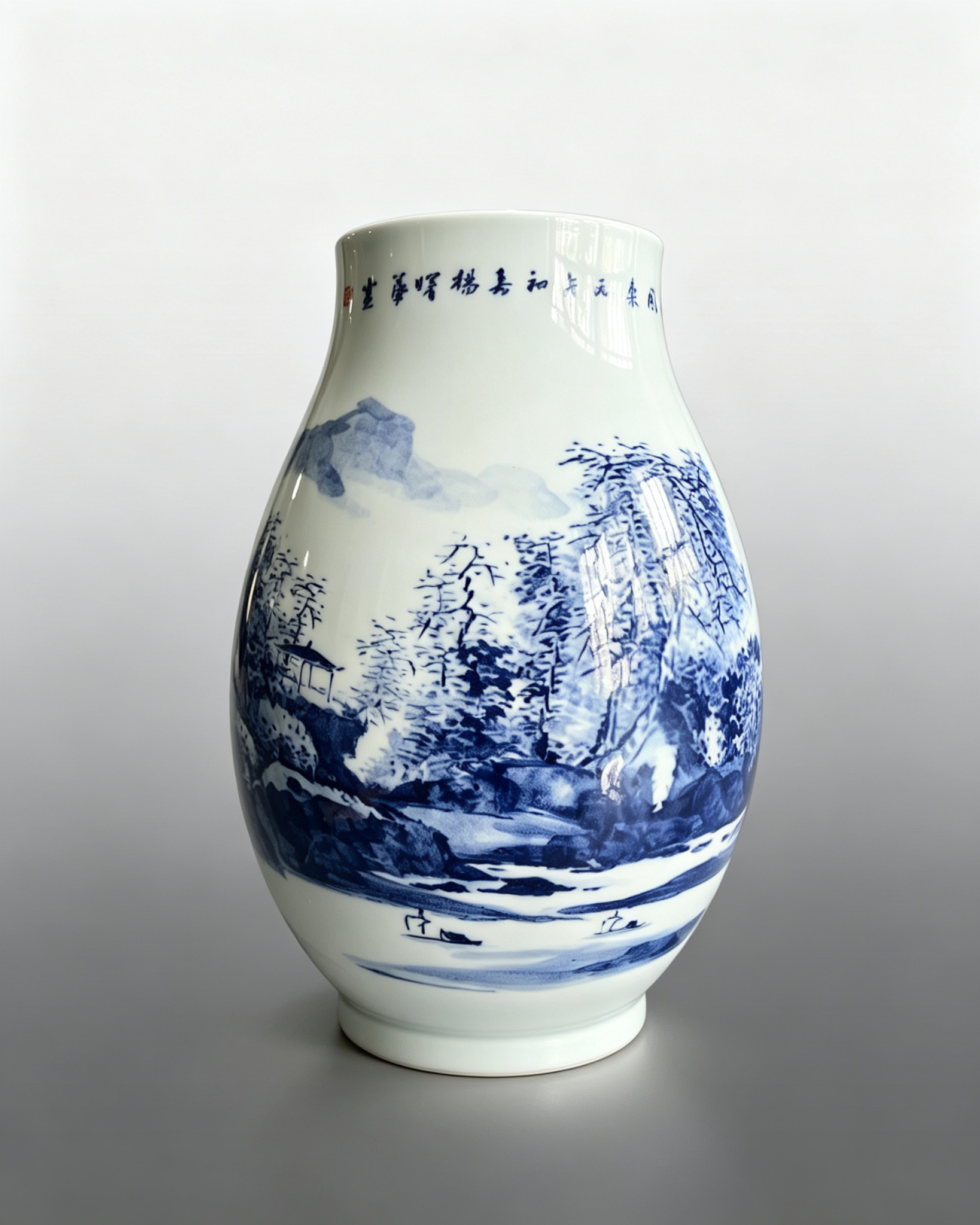 Blue and White Landscape Porcelain Vase - Image 8