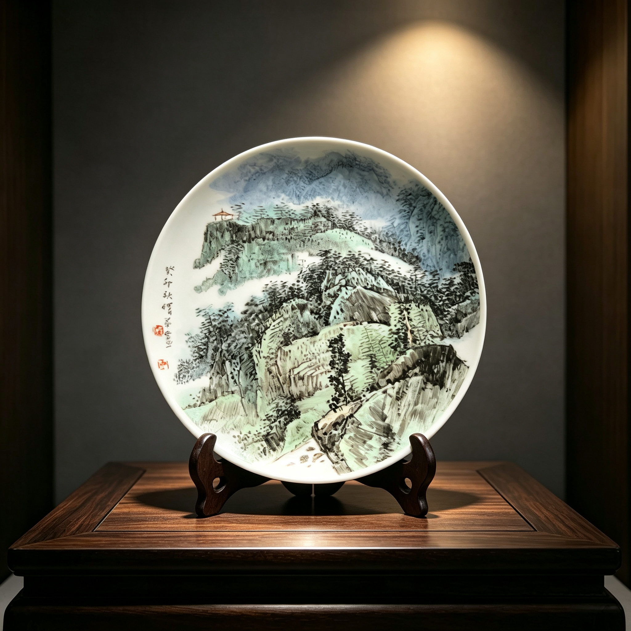 Hand-painted Famille Verte Landscape Porcelain Plate by
