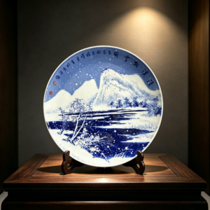 Viewing Snow by the Clear Stream” Blue-and-White Snow Landscape Plate