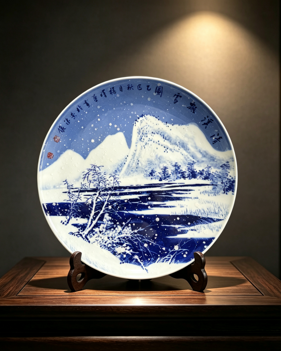 Viewing Snow by the Clear Stream” Blue-and-White Snow Landscape Plate