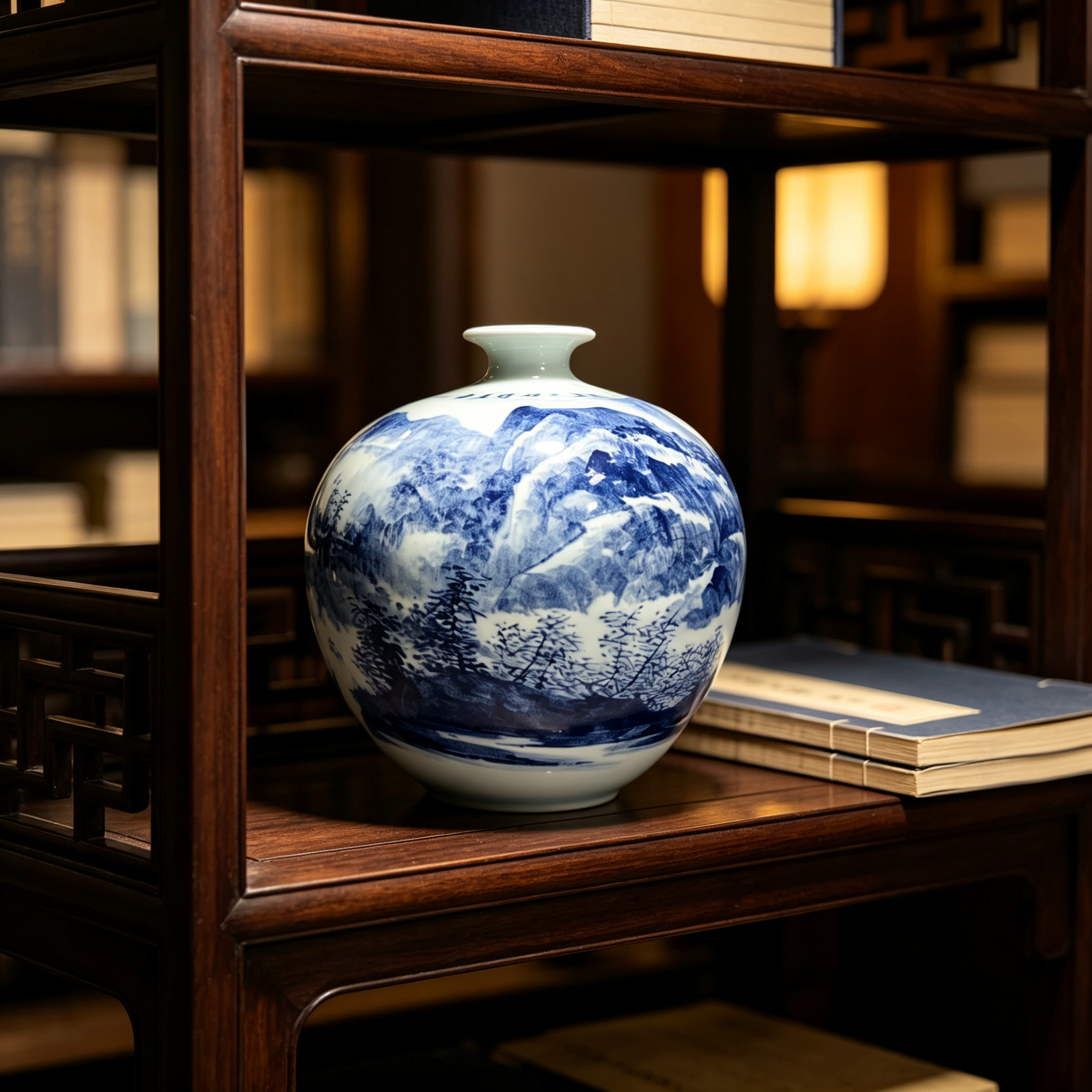 Blue and White Porcelain Pomegranate Vase "Misty Jiangnan" by