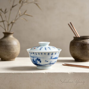 Blue and white landscape 'Spring Scenery of Jiangnan' lidded bowl