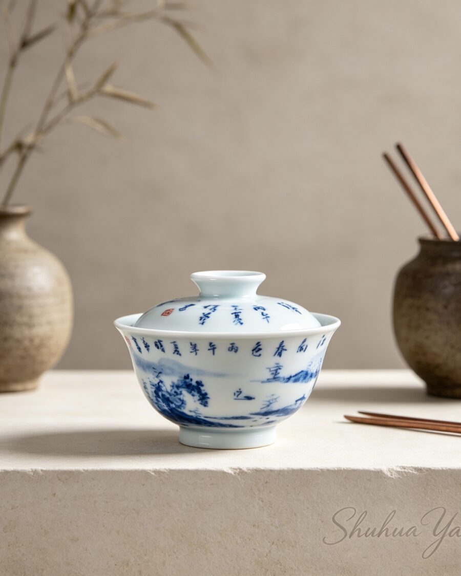Blue and white landscape 'Spring Scenery of Jiangnan' lidded bowl