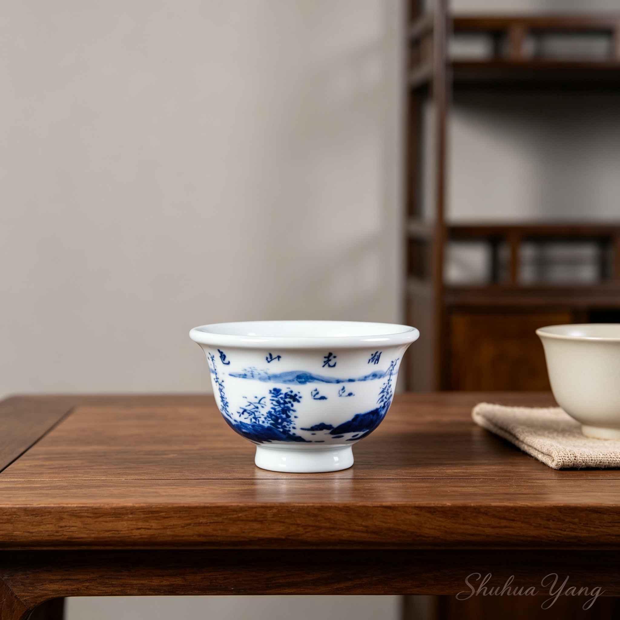 Hand-painted Blue and White Landscape Master Tea Cup by