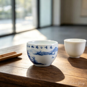 Hand-painted Blue and White "Smooth Sailing" Landscape Egg-shaped Master Teacup